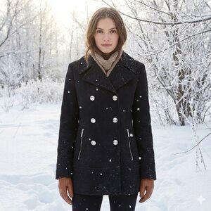 Calvin Klein Women's Black Wool Blend Pea Coat with Silver Buttons Size …